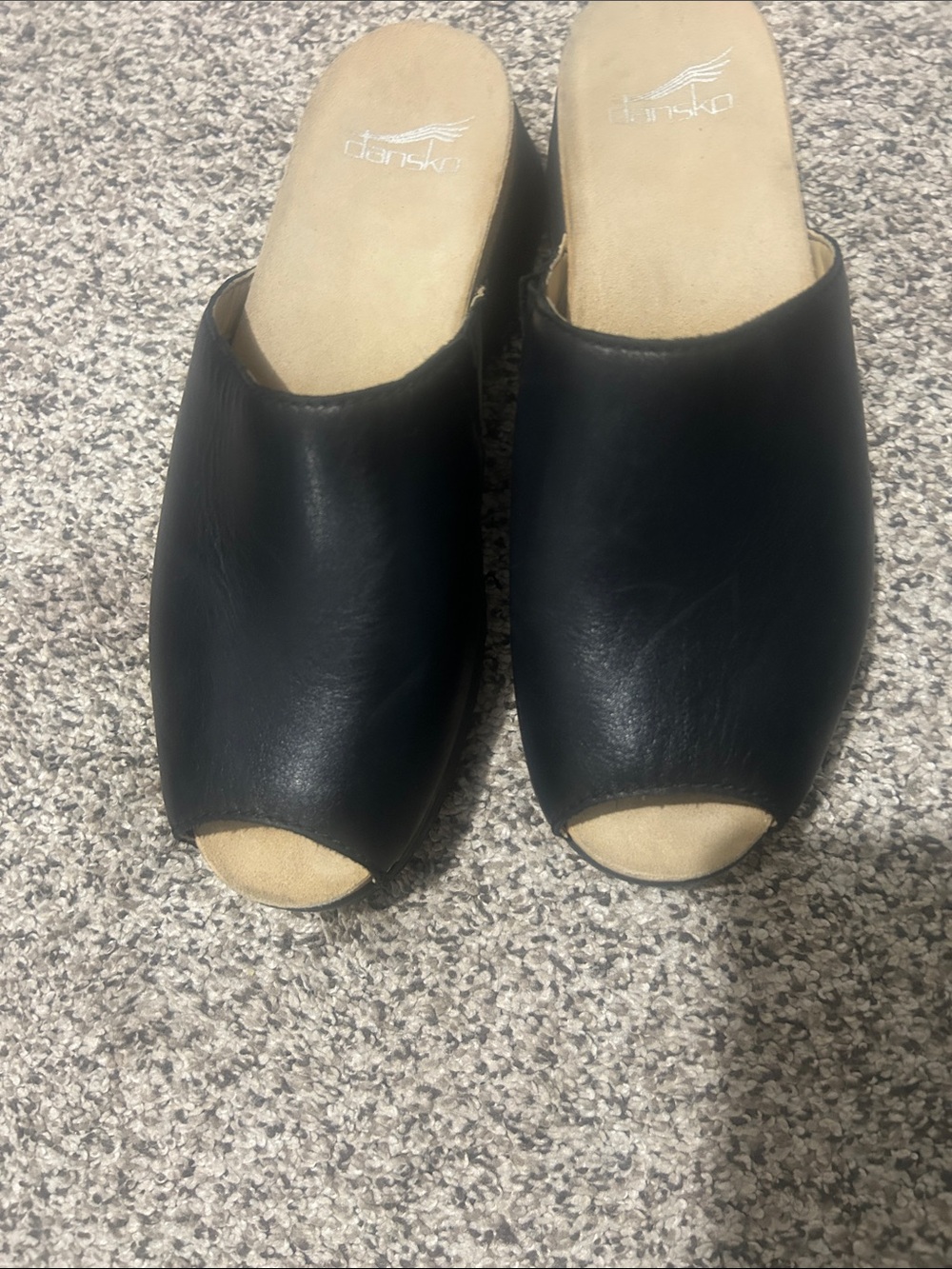 Dansko Ravyn black nappa leather peep-toe slide sandals